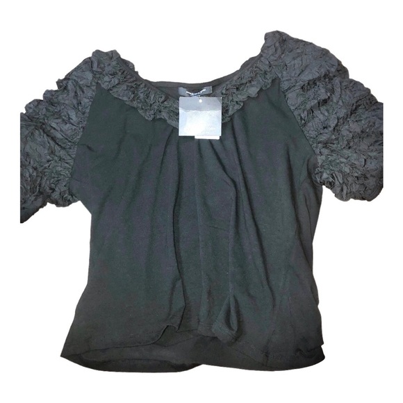Andrew Marc NY black v-neck‎ ruffle puffy neckline exaggerated sleeve top shirt - Picture 8 of 16